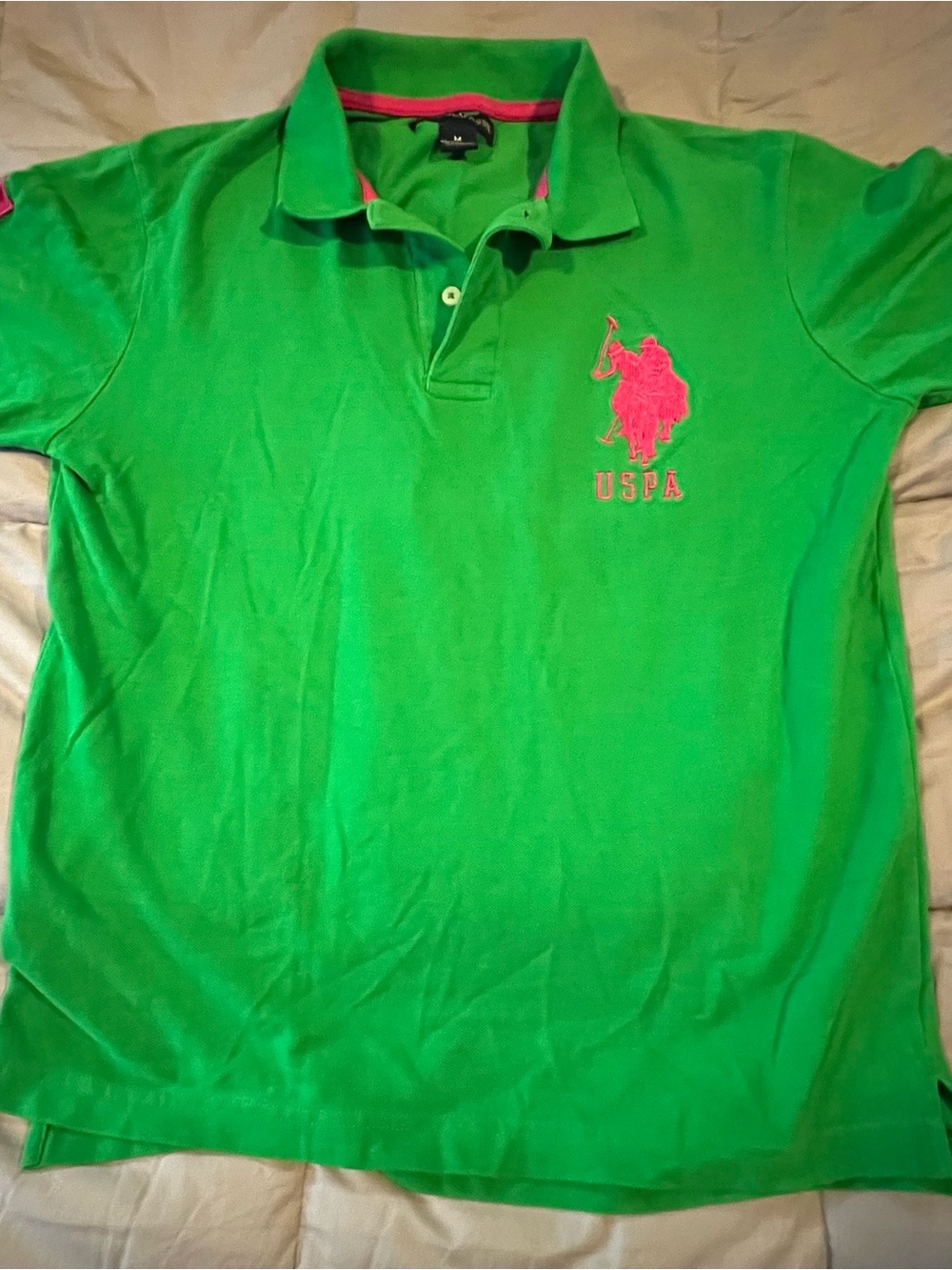 U.S Polo Assn USPA Men's Vintage Green Hot Pink Polo Size:M